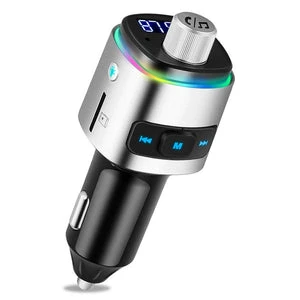 ALLCACA Car FM Transmitter Wireless Audio Adapter Receiver Hands Free Car Kit with QC3.0 Charging and 7-Color Backlit, 4 Play Modes - ALLCACA
