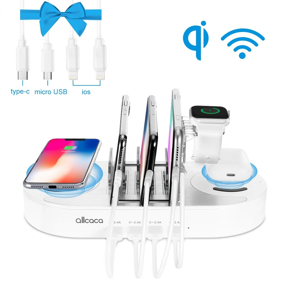 Allcaca 10W Multiple Devices USB Charging Station 2 Wireless Charger for Airpods iPhone Samsung Huawei, Watch Stand for Apple Watch Series, 4 Cables, European country - ALLCACA