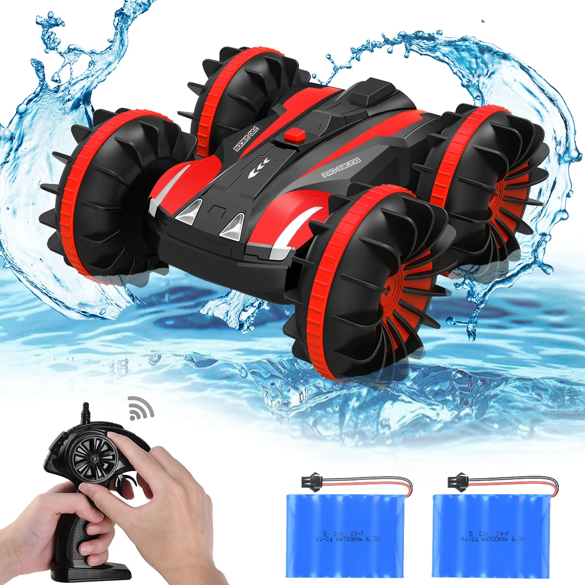 ALLCACA 2.4G RC Car Boat Land Water RC Stunt Car Double Sided Remote Control Off-road Vehicle Amphibious RC Racing Car with 360° Rotation, Red - ALLCACA