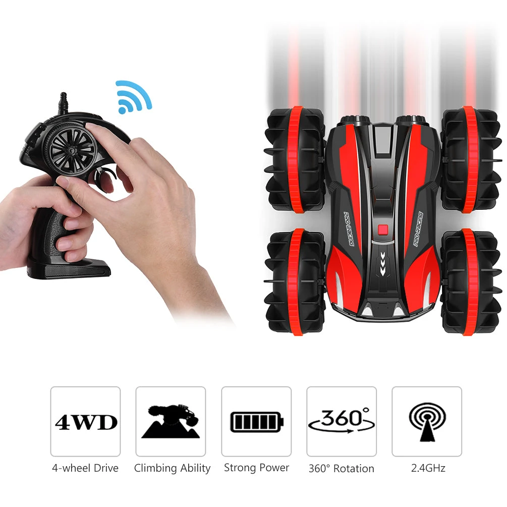 ALLCACA 2.4G RC Car Boat Land Water RC Stunt Car Double Sided Remote Control Off-road Vehicle Amphibious RC Racing Car with 360° Rotation, Red - ALLCACA