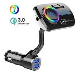 ALLCACA Car FM Transmitter Wireless Audio Adapter Receiver Hands Free Car Kit with QC3.0 Charging and 7-Color Backlit, 4 Play Modes - ALLCACA