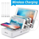 ALLCACA 40W Charging Station 5-Port Charging Dock Organizer with 1 Wireless Charging Pad, Removable Baffles Compatible for Multiple Devices, White - ALLCACA