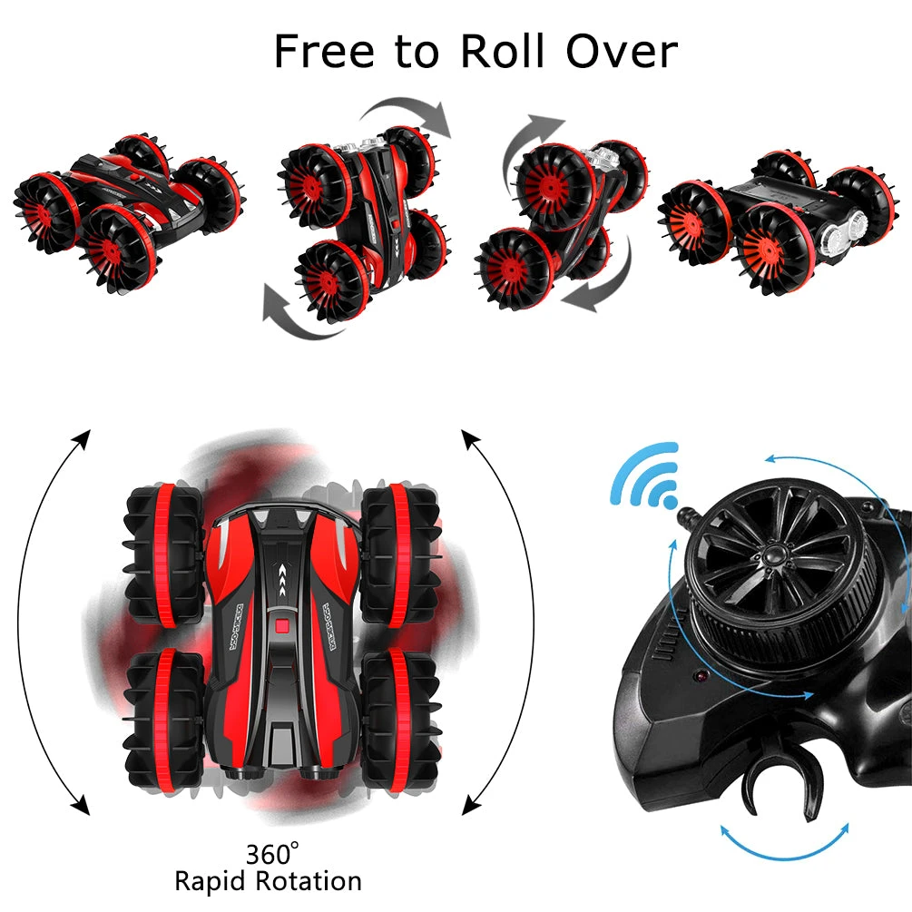 ALLCACA 2.4G RC Car Boat Land Water RC Stunt Car Double Sided Remote Control Off-road Vehicle Amphibious RC Racing Car with 360° Rotation, Red - ALLCACA