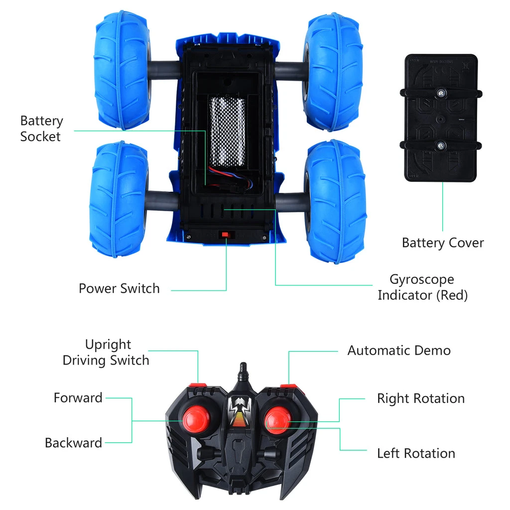 AOPOY Remote Control Car, Stunt RC Car for Kids Double Sided Flip Upright Car Remote Control Car Cool Stunt Race Toy Gifts RC Cars for Boys Age 3-12 (Blue) - ALLCACA