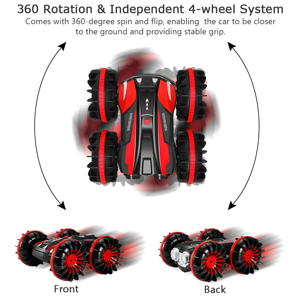 ALLCACA 2.4G RC Car Boat Land Water RC Stunt Car Double Sided Remote Control Off-road Vehicle Amphibious RC Racing Car with 360° Rotation, Red - ALLCACA