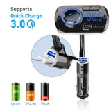 ALLCACA Car FM Transmitter Wireless Audio Adapter Receiver Hands Free Car Kit with QC3.0 Charging and 7-Color Backlit, 4 Play Modes - ALLCACA