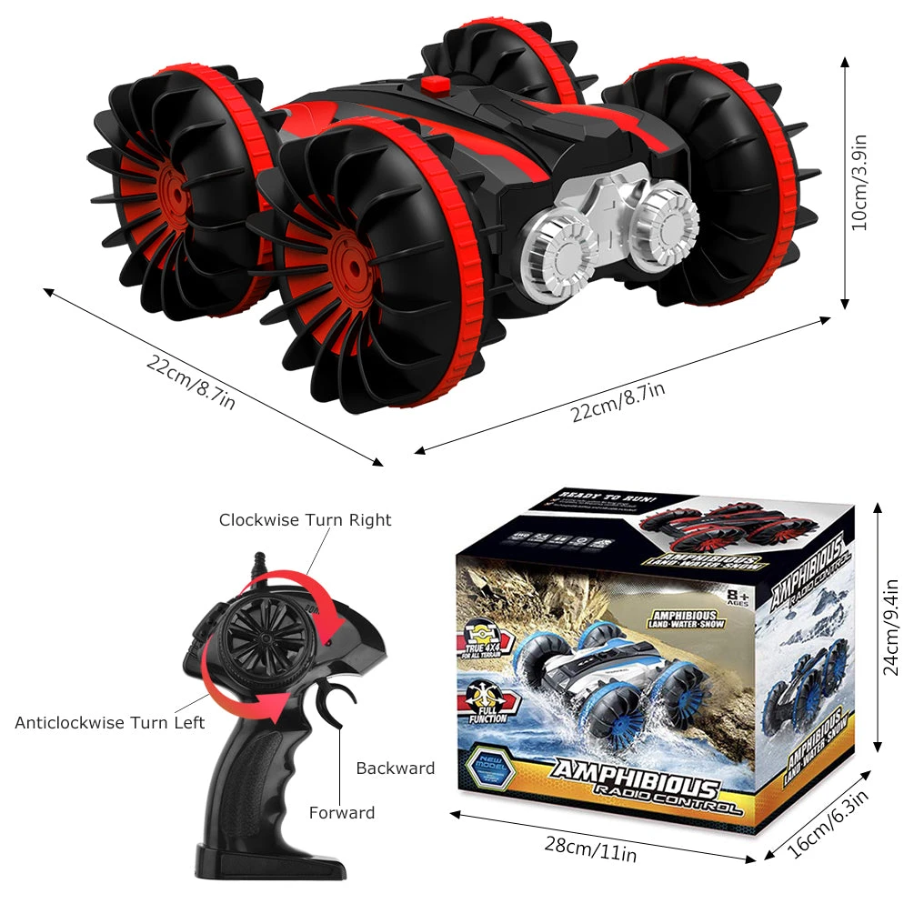 ALLCACA 2.4G RC Car Boat Land Water RC Stunt Car Double Sided Remote Control Off-road Vehicle Amphibious RC Racing Car with 360° Rotation, Red - ALLCACA
