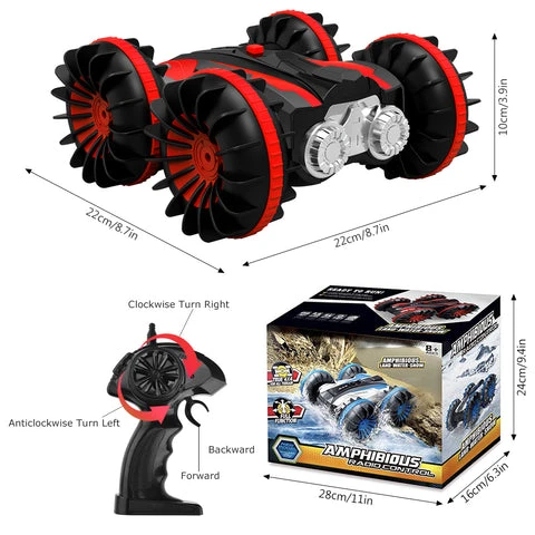 ALLCACA 2.4G RC Car Boat Land Water RC Stunt Car Double Sided Remote Control Off-road Vehicle Amphibious RC Racing Car with 360° Rotation, Red - ALLCACA