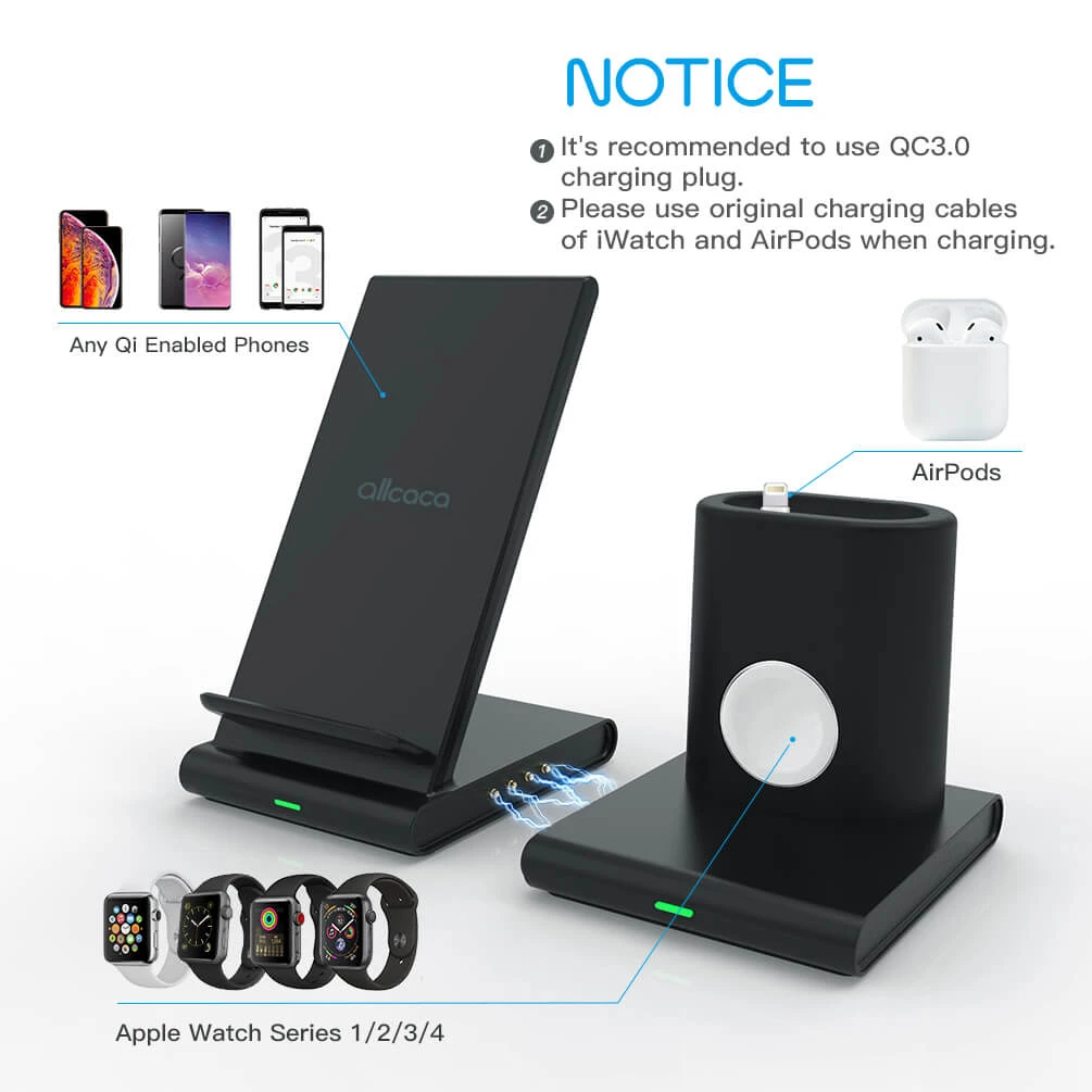 ALLCACA 3-in-1 Wireless Charger Charging Stand Charging Dock for Phones, AirPods, iWatch - ALLCACA