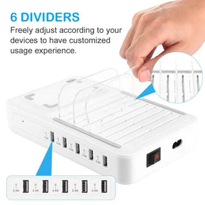 ALLCACA 40W Charging Station 5-Port Charging Dock Organizer with 1 Wireless Charging Pad, Removable Baffles Compatible for Multiple Devices, White - ALLCACA