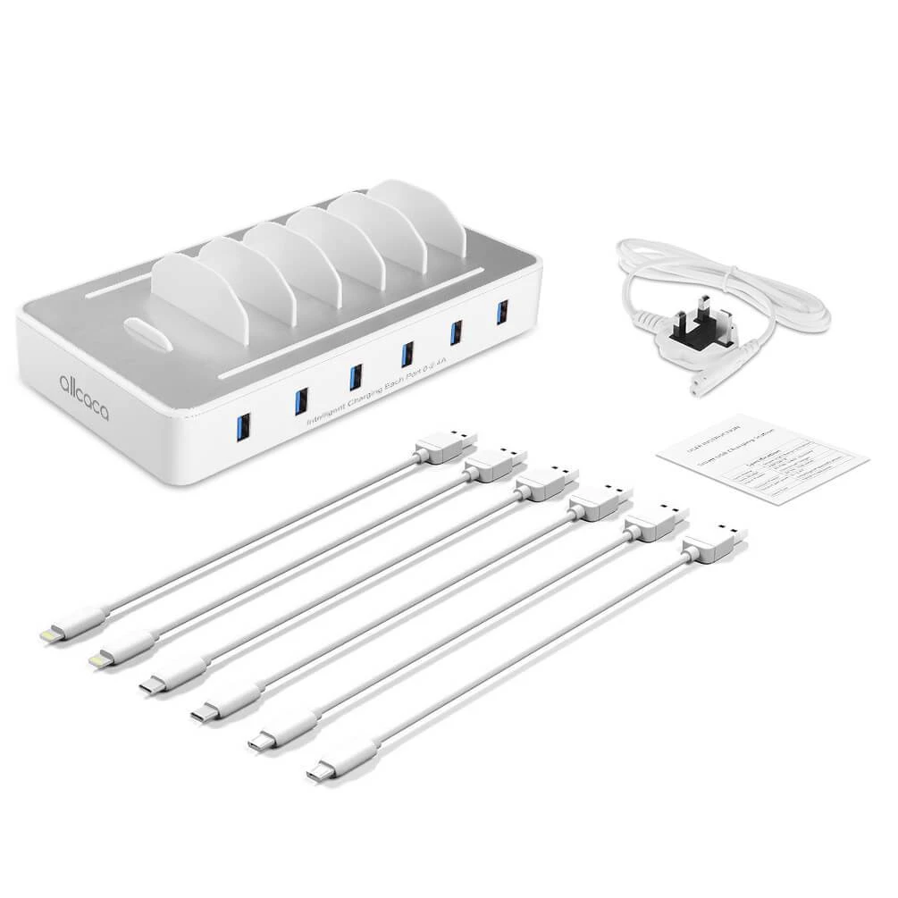 ALLCACA Integrated USB Charging Station 6-port Charging Hub Intelligent Charging Stand Organizer for Cellphones and Tablets, UK Plue - ALLCACA