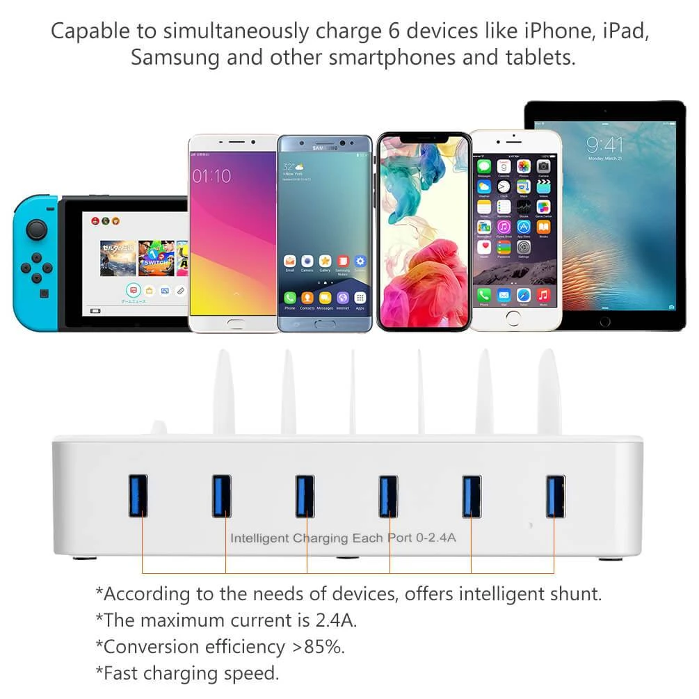 ALLCACA Integrated USB Charging Station 6-port Charging Hub Intelligent Charging Stand Organizer for Cellphones and Tablets, UK Plue - ALLCACA