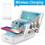 ALLCACA 40W Charging Station 5-Port Charging Dock Organizer with 1 Wireless Charging Pad, Removable Baffles Compatible for Multiple Devices, White - ALLCACA